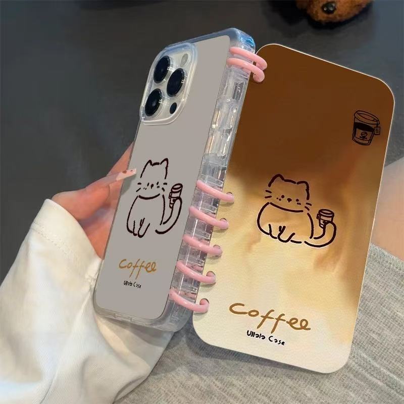 本型スマホケース コーヒーカップと愛らしい猫が組み合わテーマ 手帳型スマホケース  キャラクターの柔らかい 折りたたみ式 ノート型 スマホケース  iPhone に対応