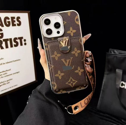 スマホケース  高級感カードホルダー付き  ダブルV  ストラップ付き  耐衝撃・防振性能に優れ、高級感あふれるスマホケースで、iPhone13~16 に対応