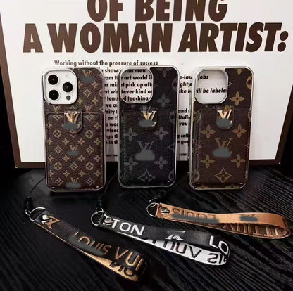 スマホケース  高級感カードホルダー付き  ダブルV  ストラップ付き  耐衝撃・防振性能に優れ、高級感あふれるスマホケースで、iPhone13~16 に対応