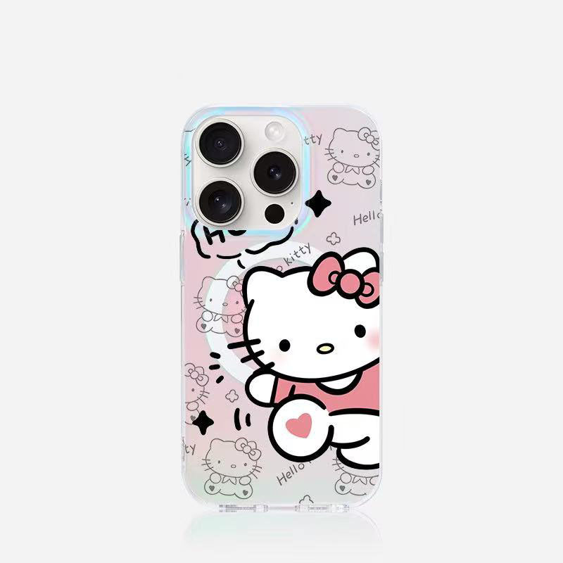 スマホケース  レーザーカラー Hello Kitty 柄マグネットスマホケース  耐衝撃・防振性能に優れ、高級感あふれるスマホケースで、iPhone 11~17 に対応