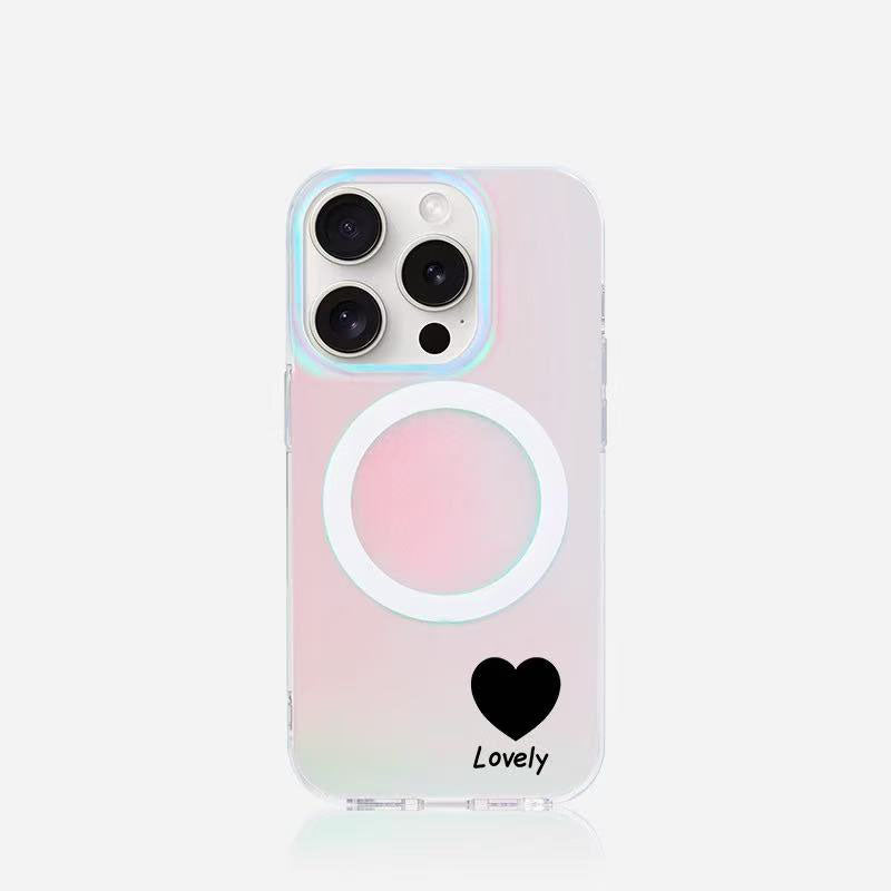 スマホケース  レーザーカラー ハート柄マグネットスマホケース  耐衝撃・防振性能に優れ、高級感あふれるスマホケースで、iPhone 11~17 に対応