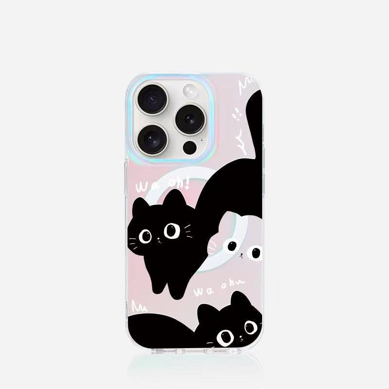 スマホケース  レーザーカラー モノクロキャット柄マグネットスマホケース  耐衝撃・防振性能に優れ、高級感あふれるスマホケースで、iPhone 11~17 に対応