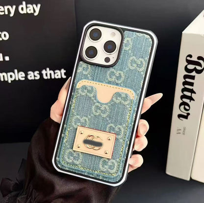 スマホケース  高級感デニムの雰囲気カードホルダー付き  ダブルG  耐衝撃・防振性能に優れ、高級感あふれるスマホケースで、iPhone12~17 に対応