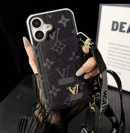 スマホケース  高級感カードホルダー付き・ストラップ付き  ダブルV  耐衝撃・防振性能に優れ、高級感あふれるスマホケースで、iPhone12~17 に対応