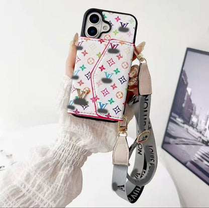 スマホケース  高級感カードホルダー付き・ストラップ付き  ダブルV  耐衝撃・防振性能に優れ、高級感あふれるスマホケースで、iPhone12~17 に対応