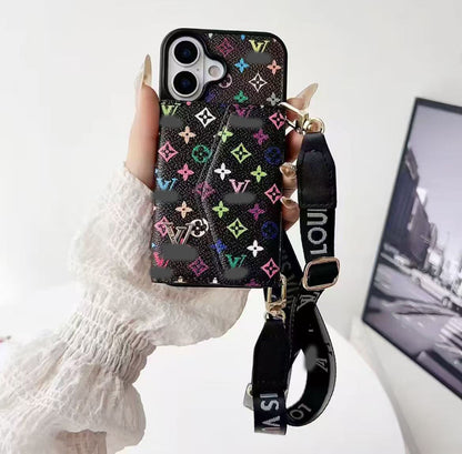 スマホケース  高級感カードホルダー付き・ストラップ付き  ダブルV  耐衝撃・防振性能に優れ、高級感あふれるスマホケースで、iPhone12~17 に対応