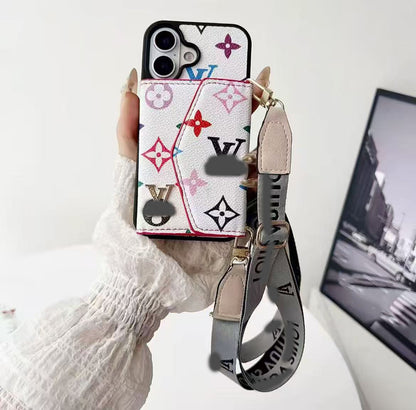 スマホケース  高級感カードホルダー付き・ストラップ付き  ダブルV  耐衝撃・防振性能に優れ、高級感あふれるスマホケースで、iPhone12~17 に対応