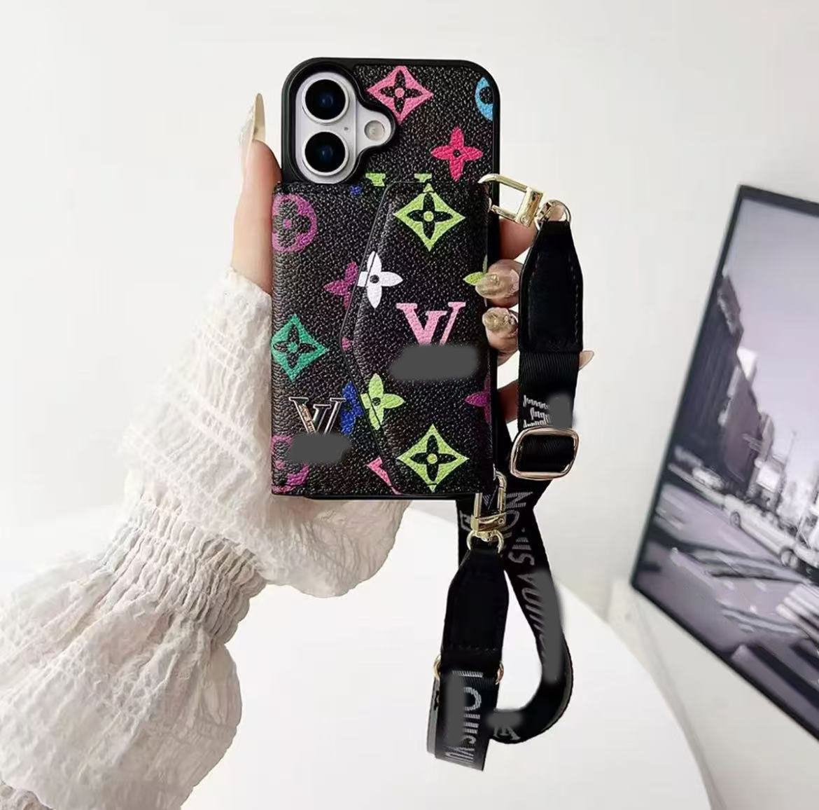 スマホケース  高級感カードホルダー付き・ストラップ付き  ダブルV  耐衝撃・防振性能に優れ、高級感あふれるスマホケースで、iPhone12~17 に対応