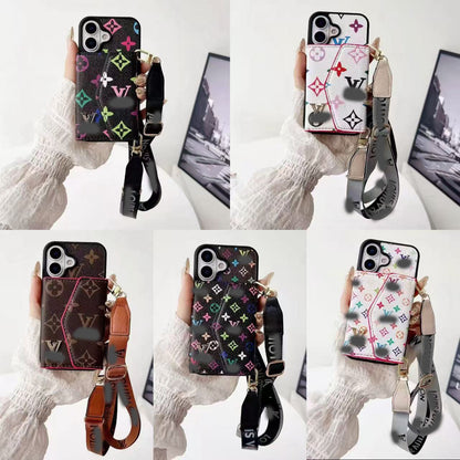 スマホケース  高級感カードホルダー付き・ストラップ付き  ダブルV  耐衝撃・防振性能に優れ、高級感あふれるスマホケースで、iPhone12~17 に対応