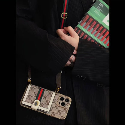 スマホケース  高級感カードホルダー付き＋ストラップ付きスマホケース  ダブルG    耐衝撃・防振性能に優れ、高級感あふれるスマホケースで、iPhone12~17 に対応