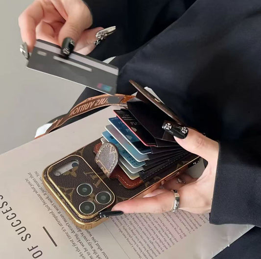 スマホケース  高級感カードポケット付き＋ストラップ付きスマホケース ダブルV   耐衝撃・防振性能に優れ、高級感あふれるスマホケースで、 iPhone12~17 に対応