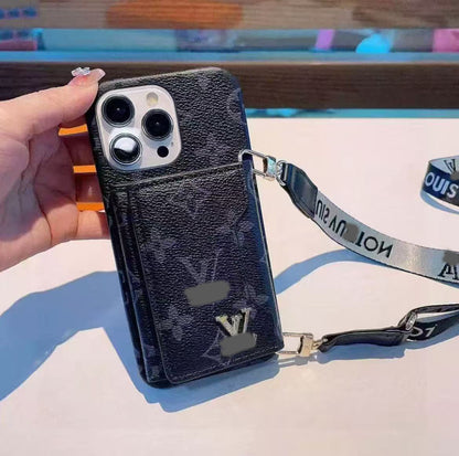 スマホケース  高級感カードポケット付き＋ストラップ付きスマホケース  ダブルV  耐衝撃・防振性能に優れ、高級感あふれるスマホケースで、iPhone13~17 に対応