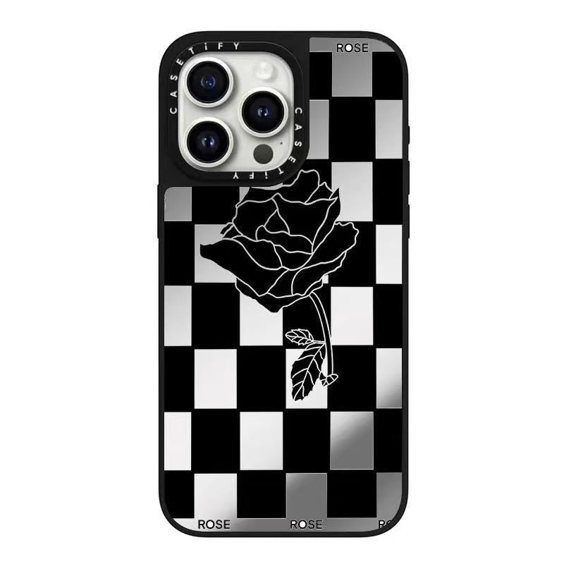 スマホケース  ケースTIFY 白黒チェック柄 × バラ模様スマホケース！  耐衝撃・防振性能に優れ、高級感あふれるスマホケースで、iPhone12~16 に対応