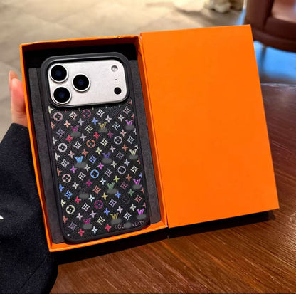 スマホケース  高級感サブレザーカラフルフラワー柄スマホケース  ダブルV  耐衝撃・防振性能に優れ、高級感あふれるスマホケースで、iPhone13~17 に対応