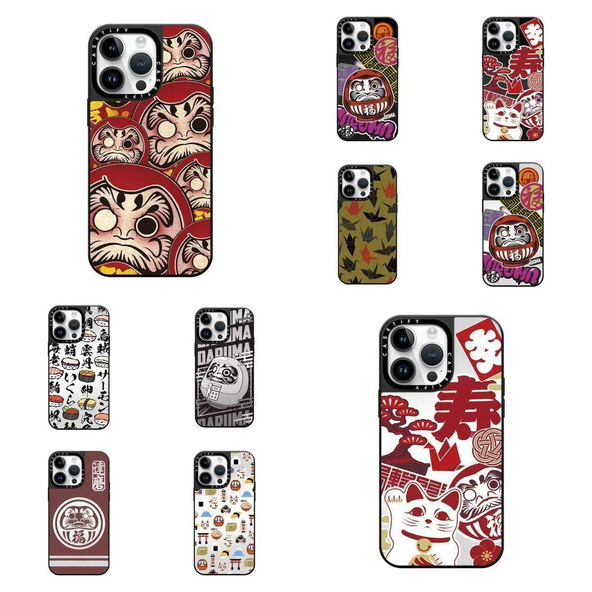スマホケース  だるま＆招き猫柄スマホケース！ 縁起物のコンビで幸運を招き  耐衝撃・防振性能に優れ、高級感あふれるスマホケースで、iPhone12~16 に対応