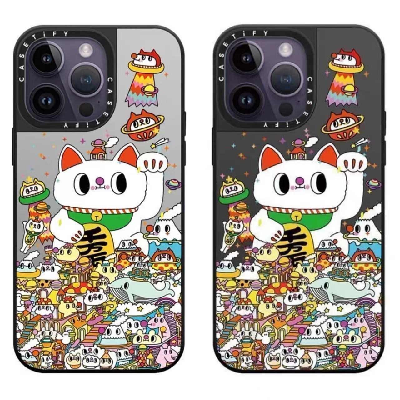 スマホケース  ミラー仕上げ招き猫柄スマホケース！ 縁起物のコンビで幸運を招き  耐衝撃・防振性能に優れ、高級感あふれるスマホケースで、iPhone12~16 に対応