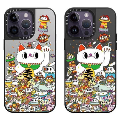 スマホケース  ミラー仕上げ招き猫柄スマホケース！ 縁起物のコンビで幸運を招き  耐衝撃・防振性能に優れ、高級感あふれるスマホケースで、iPhone12~16 に対応