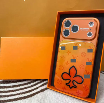 スマホケース  高級感オレンジカラーブロックスマホケース  ダブルV  耐衝撃・防振性能に優れ、高級感あふれるスマホケースで、iPhone12~17 に対応