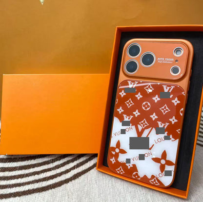 スマホケース  高級感オレンジカラーブロックスマホケース  ダブルV  耐衝撃・防振性能に優れ、高級感あふれるスマホケースで、iPhone12~17 に対応