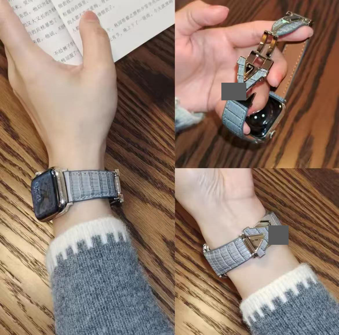 アップルウォッチストラップ  Apple Watch  ダブルV バンド　レザー リザード柄  iWatch ストラップ 38mm～49mm 対応