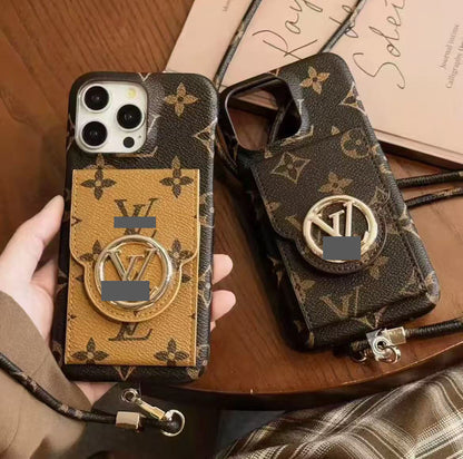 スマホケース  高級感手ひも付き + カード入れ付きスマホケース  ダブルV  耐衝撃・防振性能に優れ、高級感あふれるスマホケースで、iPhone14~17 に対応