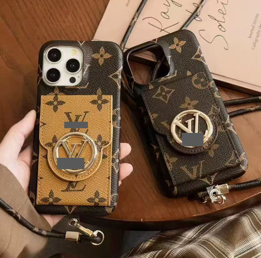 スマホケース  高級感手ひも付き + カード入れ付きスマホケース  ダブルV  耐衝撃・防振性能に優れ、高級感あふれるスマホケースで、iPhone14~17 に対応