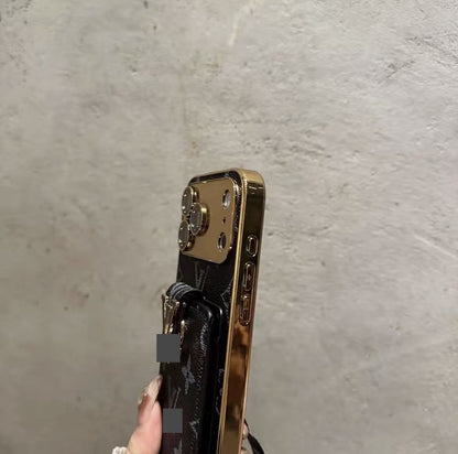 #411  スマホケース    高級感メッキ加工  カード入れ付き ストラップ付き   耐衝撃・防振性能に優れ、iPhone に対応
