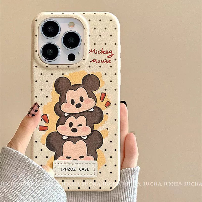 A luxurious smartphone case with stickers, featuring a stacked Mickey Mouse design, excellent shock and vibration resistance, and compatible with iPhones.