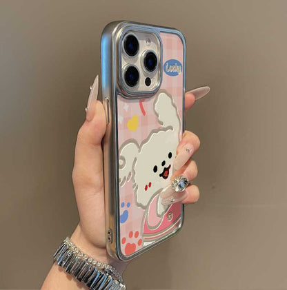 Pink puppy design. Made of silicone, highly shock-resistant and luxuriously decorated smartphone case, compatible with iPhone.