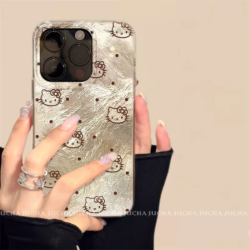 A luxurious smartphone case with a Hello Kitty design featuring a pokka dot pattern, excellent shock and vibration resistance, and compatible with iPhones.