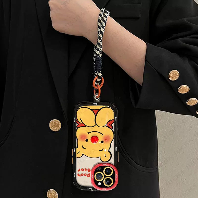 A cute Winnie the Pooh design, a luxurious smartphone case with a drawstring, compatible with iPhone