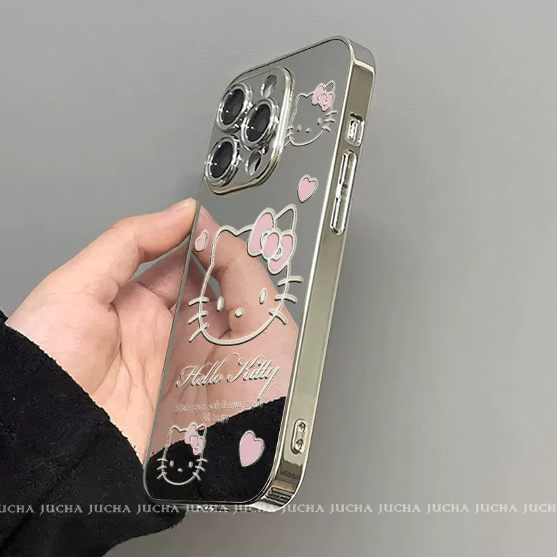 Mirrored Hello Kitty. Fully covered silicone material for a luxurious look. Smartphone case with drawstring. Compatible with iPhone.