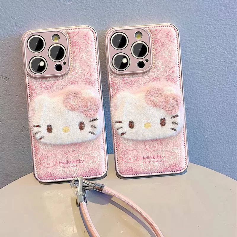 立体のぬいぐるみ風 Hello Kitty  デザイン  高級感あふれる 紐付き スマホケース  iPhone に対応