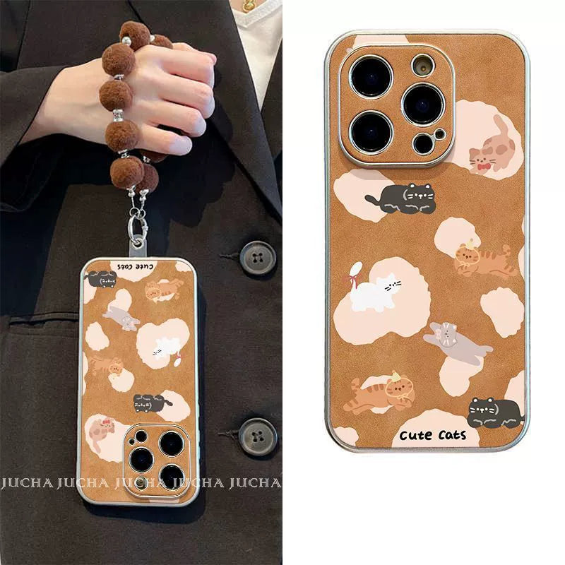 Cute cats playing design, excellent shock and vibration resistance, luxurious smartphone case with string, compatible with iPhone