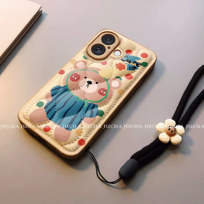 A bear wearing striped clothing. A luxurious silicone full-cover smartphone case with a drawstring. Compatible with iPhones.