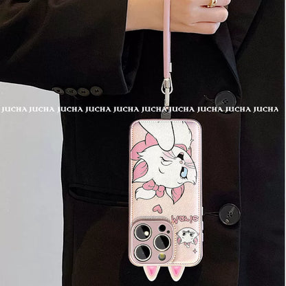 A luxurious smartphone case with a string, featuring a pink-eared Marie Cat design, excellent shock and vibration resistance, and compatible with iPhones.