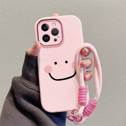 A line drawn smiley face design. A luxurious smartphone case with a drawstring. Compatible with iPhones.