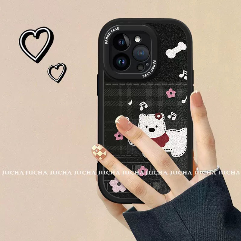 A luxurious smartphone case with a string, designed with a music-loving white puppy, excellent shock and vibration resistance, and compatible with iPhones