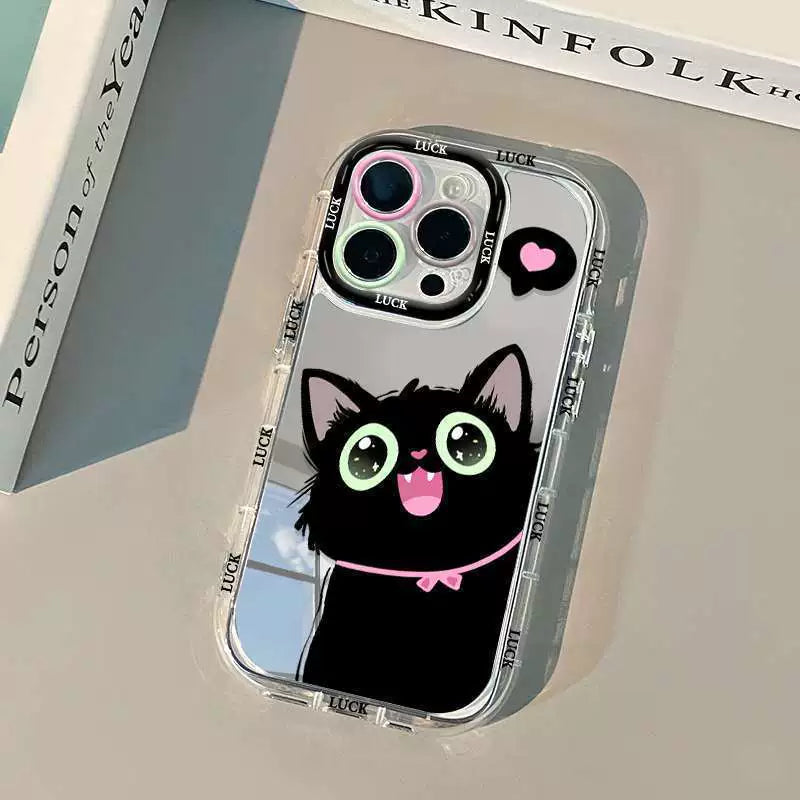 A luxurious smartphone case with a mirrored loving cat design, excellent shock and vibration resistance, and compatible with iPhones.