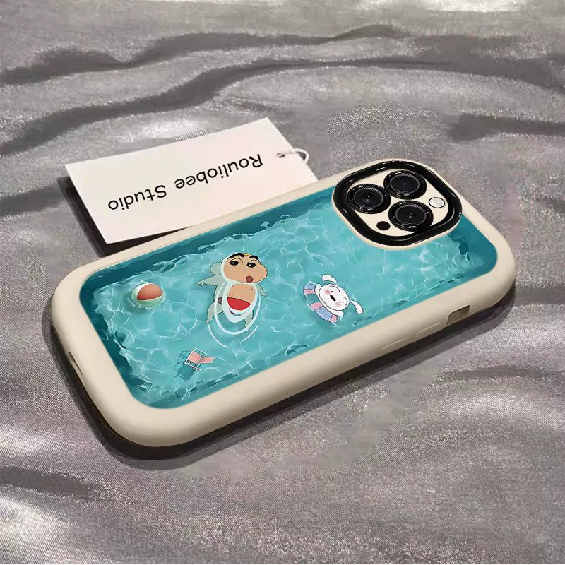 Crayon Shin-chan design for summer swimming. Highly shock-resistant silicone, luxurious smartphone case, compatible with iPhone.