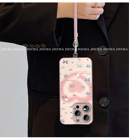 A luxurious smartphone case with a string that has a transparent bowtie design and excellent shock and vibration resistance, and is compatible with the iPhone.