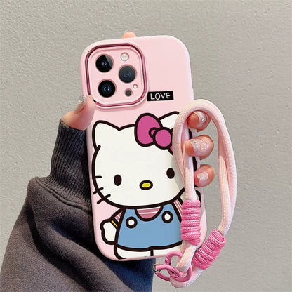 Hello Kitty design, made of silicone, highly shock-resistant, luxurious smartphone case with drawstring, compatible with iPhone