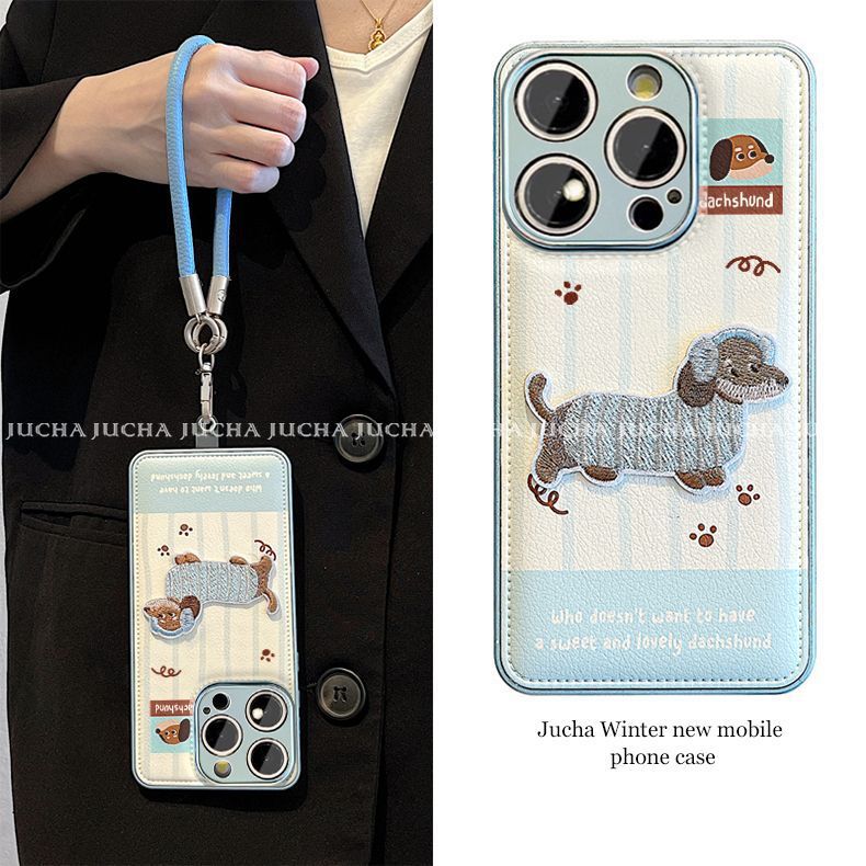 Cute puppy and English design, luxurious smartphone case with drawstring, compatible with iPhone