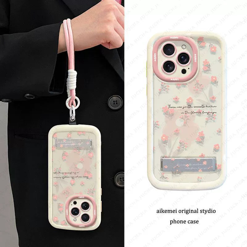 Pink floral pattern, luxurious smartphone case with stand and string, compatible with iPhone