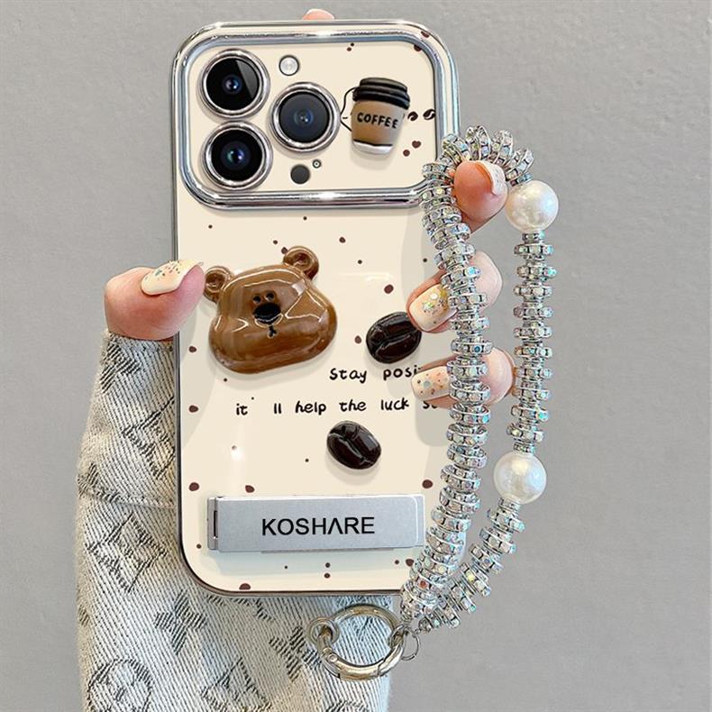 Coffee bean bear design, luxurious smartphone case with drawstring stand, compatible with iPhone