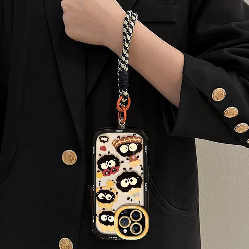 A luxurious smartphone case with a cord that incorporates a lucky soot ball design for iPhone