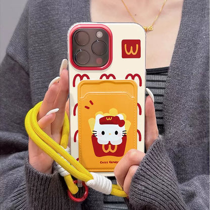 French fries Hello Kitty design Silicone shock-resistant, luxurious smartphone case with drawstring, compatible with iPhone