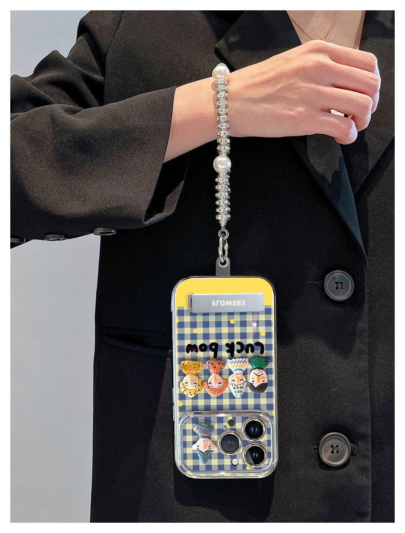 A luxurious smartphone case with a stand and a drawstring, featuring a character design of Gatsutsu pattern, suitable for iPhones