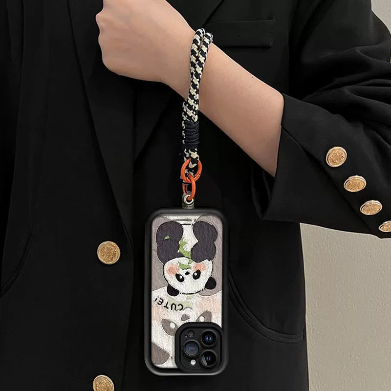 Oil painting style panda design, excellent shock and vibration resistance, luxurious smartphone case with drawstring, compatible with iPhone