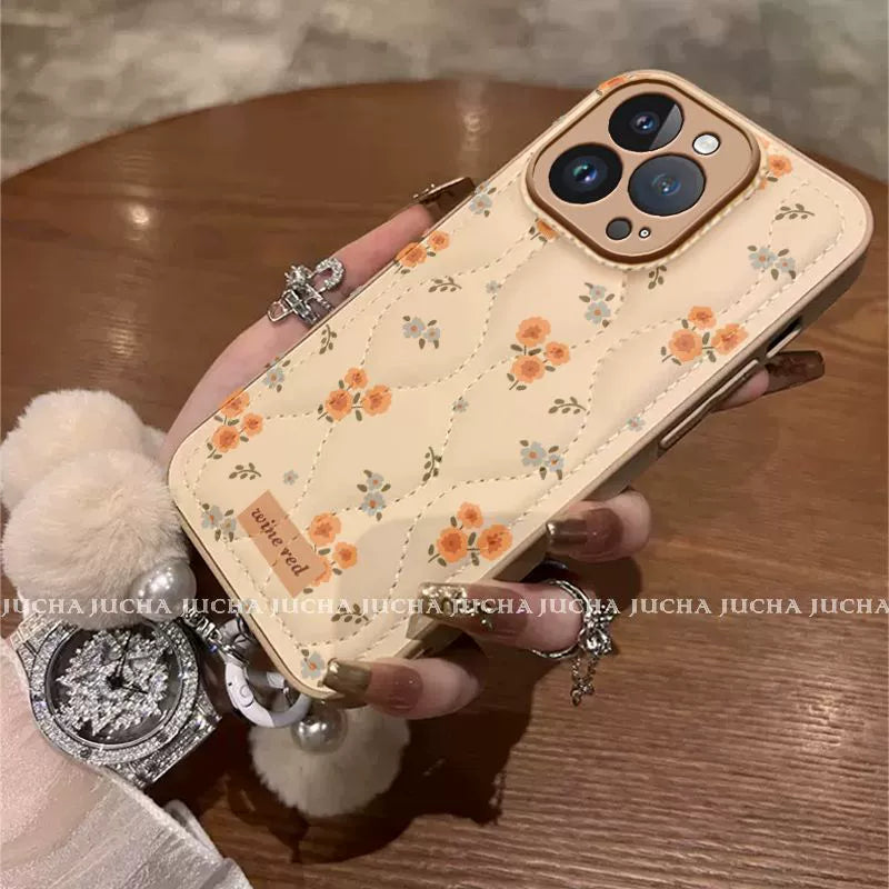 Yellow small floral pattern, fully covered silicone material, luxurious smartphone case with drawstring, compatible with iPhone